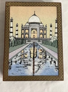 Indian Taj Mahal Glass Gemstone Painting Jewelry Box With Brass Border - Picture 1 of 7