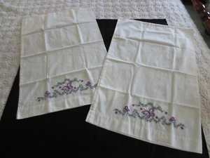 Pair COMPLETED Embroidered BUTTERFLIES & FLOWERS PILLOW CASES - UNUSED - Picture 1 of 5