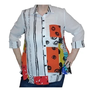 NEW Ali Miles Size XL Art To Wear White/Black Orange Button Front Top - Picture 1 of 9