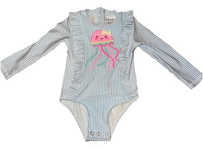 Traje de baño Nicole Miller NY azul blanco a rayas medusas protección solar 1 pieza 24M Foto 1 de 4