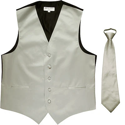 New Men's Formal Tuxedo Vest Waistcoat ready knot Necktie solid silver wedding - Image 1 of 4