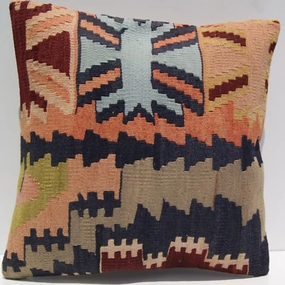 Vintage Boho Turkish Kilim Pillow Case - 18"x18" Geometric Tribal Rug Design - Image 1 of 3