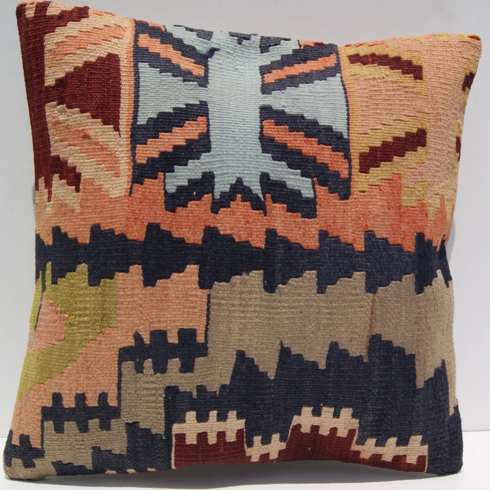 Funda de Almohada Kilim Turca Boho Vintage - Diseño de Alfombra Tribal Geométrica 18"x18" Foto 1 de 3