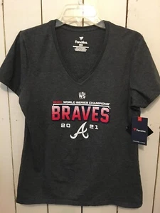 Fanatics Braves NWT Women's V neck ss T-Shirt L Dark Gray WS Champions 2021 - Picture 1 of 4