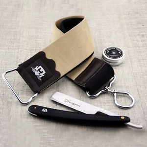 Men Shaving Kit with Leather Strop Black Straight Razor & Paste - Perfect Gift - Picture 1 of 4