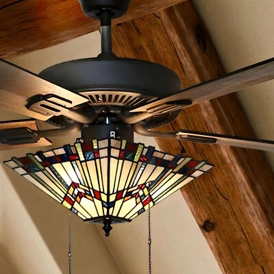 Stained Glass Ceiling Fan with Lights Pull Chain 3 Light Chandelier 52" Bronze - Image 1 of 4