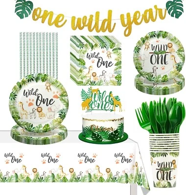 Wild one Jungle Safari First Birthday Decorations for 24 Guests Over 220 Pieces - Image 1 of 4