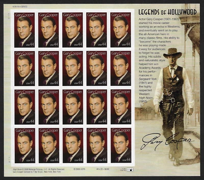 US Stamps — Full Pane of 20 — 2009, Lengends of Hollywood / Gary Cooper #4421 MH - Image 1 of 2
