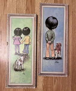 Vintage Art Lee Big Eyes 1971 Litho On Cork Girl Boy Dog Some Wear Mid century - Picture 1 of 17