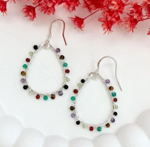 Sterling Silver Rainbow Quartz Gemstone Lined Teardrop Vintage Hoop Earrings - Picture 1 of 9
