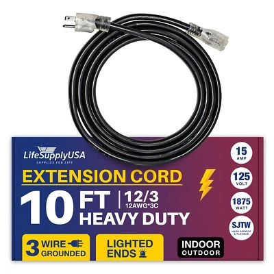 LIFESUPPLYUSA 10ft Power Outdoor Extension Cord & Indoor - Waterproof Electric Drop Cord Cable