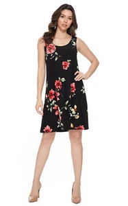 JOSTAR SHORT TANK DRESS Poly Spandex Stretch Knit TRAVEL Black Red Floral S M XL - Picture 1 of 5