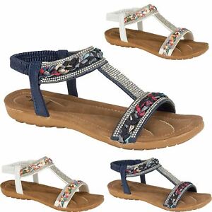 Womens Ladies Flat Sandals Diamante Low Wedge Shiny Comfort Summer Fashion Shoes