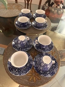 Vintage Staffordshire Calico Blue Cup & Saucer Burleigh From England. Set for 8 - Picture 1 of 8