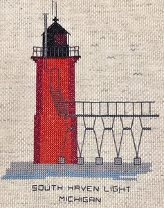 South Haven Lighthouse Michigan MI Acabado Completo Punto de Cruz En Marco De Colección - Imagen 1 de 6