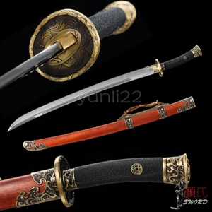 Espada china de lujo dinastía Qing Dao madera roja hoja de acero doblada accesorios de latón - Imagen 1 de 12