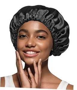 Satin Sleep Cap Double-Sided Adjustable Hair Bonnet for Girls One Size Black - Picture 1 of 8