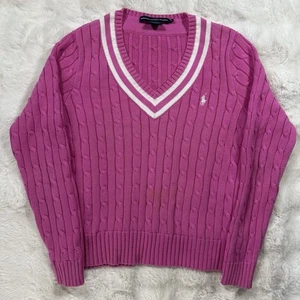 Ralph Lauren Sweater Womens XL Pink Cable Knit V Neck Tennis Cricket Golf - Picture 1 of 8