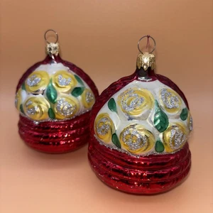 Vintage West Germany Glas Ornament Korb mit gelben Rosen Glitzer Floral - Bild 1 von 14