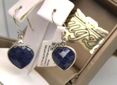 $329-12CT NATURAL SAPPHIRE & Diamond HEART 12mm DANGLE DROP Hanging earrings 925 - Image 1 of 4