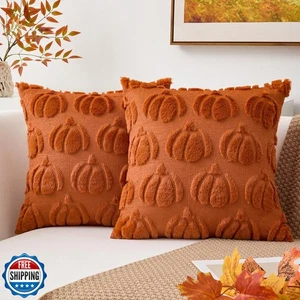 Kevin Textile Fall Pillow Covers 18x18 Inch Set of 2 Soft Pumpkins Decorative - Picture 1 of 5