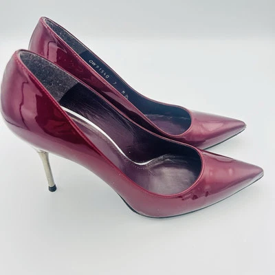 Stuart Weitzman 7 Burgundy Red Patent Leather Silver Metal Heels Classic Holiday - Image 1 of 4