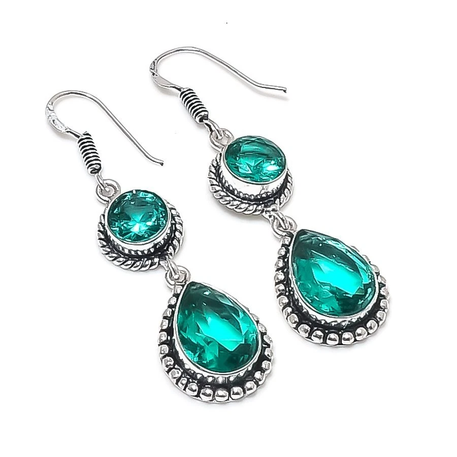 Mint Tourmaline Gemstone Handmade 925 Sterling Silver Jewelry Earring Size 2" - Image 1 of 1
