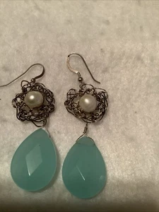 Vintage 925 Silber Ohrhänger Kissenschliff hellblau Chalzedon Stein/Kunstperlen - Bild 1 von 4