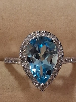 Topacio azul cielo 12x8 mm y circonitas circonitas simuladas, placa de plata de ley 925 de 14 KWG, tamaño 7 Foto 1 de 4