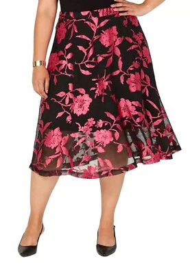 Falda midi floral Burnout negra rosa para mujer Alfani Plus 24 W nueva con etiquetas forrada $89 Foto 1 de 4