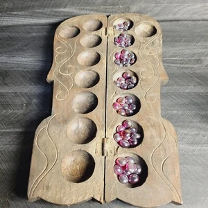 Wooden Hand Carved Mancala Board Game Folding Vintage Antique Stones - Picture 1 of 11