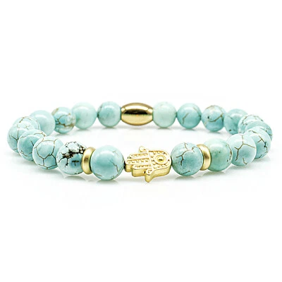 Türkis Armband Bracelet Perlenarmband Fatima 24k vergoldet 8mm Edelstahl Perle - Bild 1 von 2