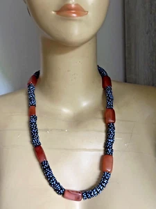 Vintage French Designer Necklace - Canelian stones, ceramic painted beads 60cm - Picture 1 of 7
