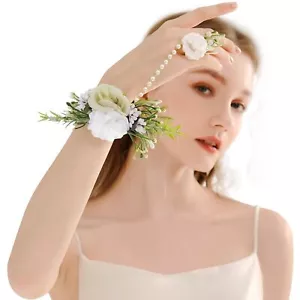 Rose Flower Wrist Corsage Bracelets - Prom Wedding Handmade Pearl White Corsage - Picture 1 of 7