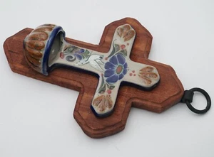 Hand-Painted Mexican Talavera Ceramic, Wood Cross Holy Water Font, Dove & Floral - Picture 1 of 5