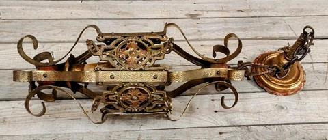 Antique Tudor Spanish Revival Art Deco Gold Polychrome Pendant Lamp Chandelier Cover