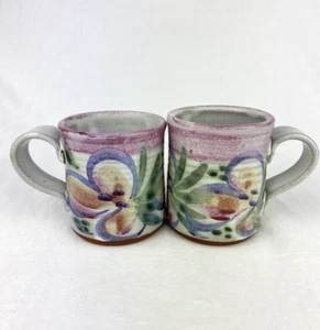 Pair Studio Art Pottery Ceramic Coffee Tea Mugs Cups Floral Design Signed - Picture 1 of 12