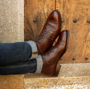 Handmade Men Stylish Dark Brown Ankle Lace Up Leather Hiking Boot, Dress Boot - Picture 1 of 3