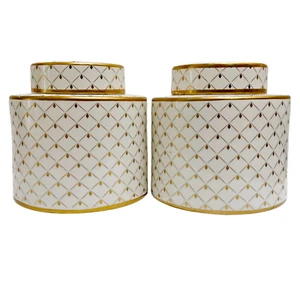 Pair of White & Gold Round Lidded Jars 7.5" x 8" - Picture 1 of 8