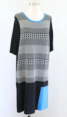 NWT Tibi Black White Blue Geometric Print Color Block Knit Dress Size L Shift - Image 1 of 4