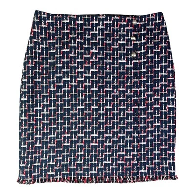 Talbots Size 12P Textured Tweed Pencil Skirt Fringe Hem Navy Red - Image 1 of 4