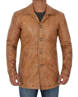Manteau En Cuir De Motard Pour Homme Long Marron Élégant - Photo 1/4