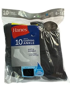 Hanes Socks Mens 6-12 Black Ankle Cushion 10 Pairs Wicking Cool Comfort Soft - Picture 1 of 12