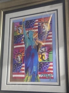 God Bless America III with flags by Peter Max Signed Mixed Media FRAMED Unique - Picture 1 of 4