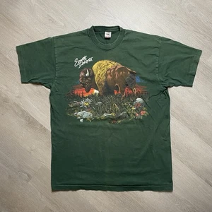 Camicia vintage anni 90 South Dakota Bison grafica natura uomo taglia XXL verde immagine ovest - Foto 1 di 7