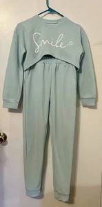 Light Blue Cropped Outfit Girls XL 2 Piece Set Smile Shirt Pants - Picture 1 of 7