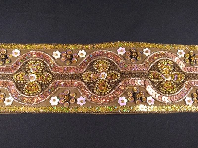 Borde vintage dorado/bronce/marrón con lentejuelas/cuentas/bordado de 1 1/8 yardas Foto 1 de 4