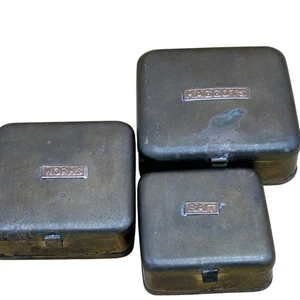 Cajas de cebo de baratija de latón gusanos gusanos antiguo conjunto de 3 bisagras nido sin pulir - Imagen 1 de 13