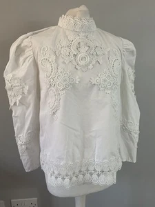 Zara white cotton lace detail long sleeve cotton top blouse L UK 12 14 - Picture 1 of 9