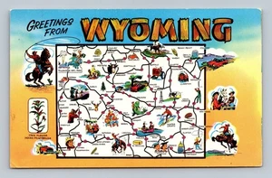 Vintage Greetings From Wyoming Illustrated Map Postcard Indian Paintbrush - Picture 1 of 2